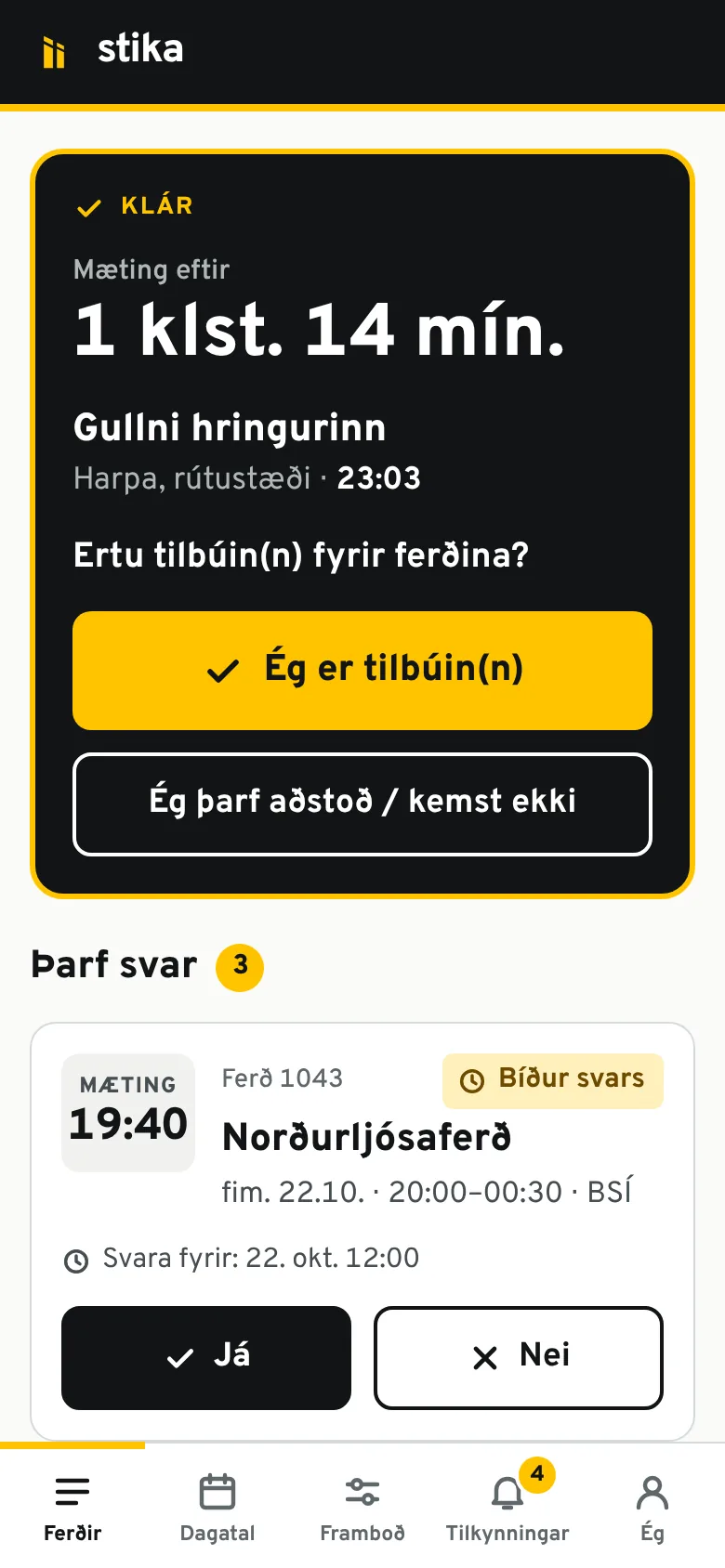 Stika í síma bílstjóra: Mínar ferðir með Klár-staðfestingu fyrir næstu ferð.