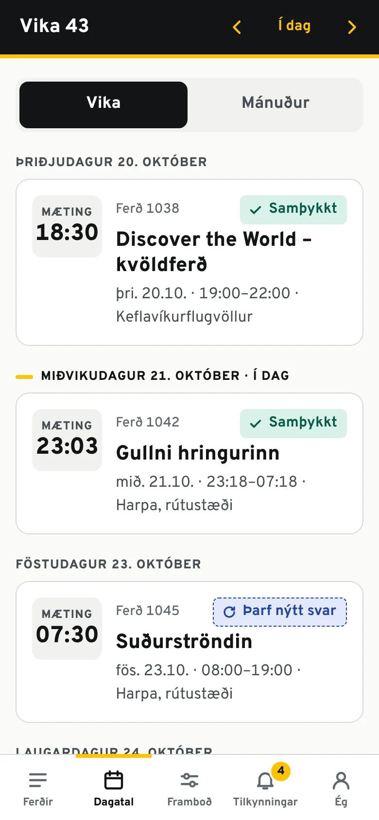 Dagatal bílstjóra, vikuyfirlit.